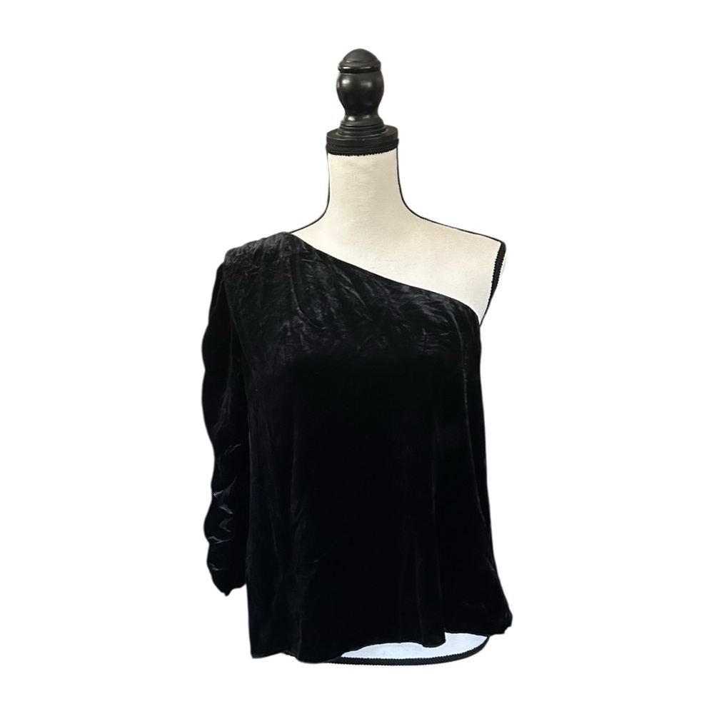 Joie Wayman Black Velvet One-Shoulder Ruched Sleeve Top Silk Blend Party Size 12